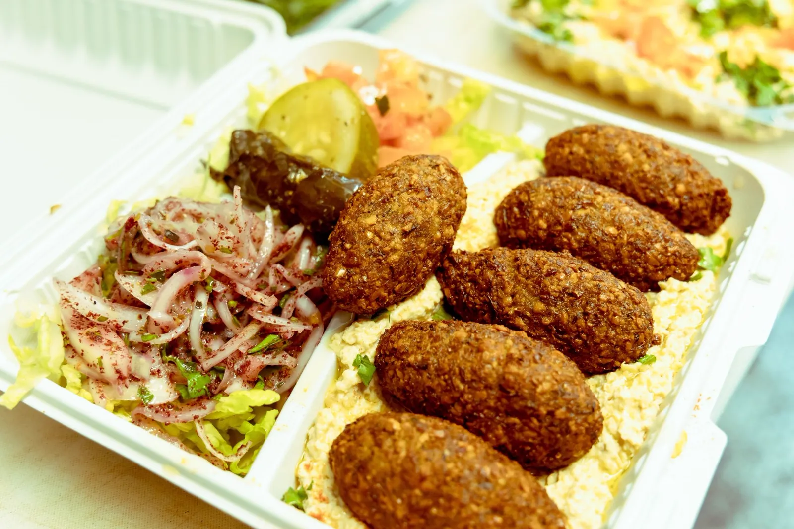 A kibbeh and hummus plate with dolma and pickled vegetables at Aladdin Grill