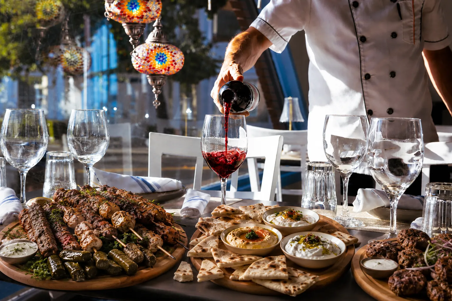 Wine being poured over a table of Mediterranean shared dishes at Kalimera
