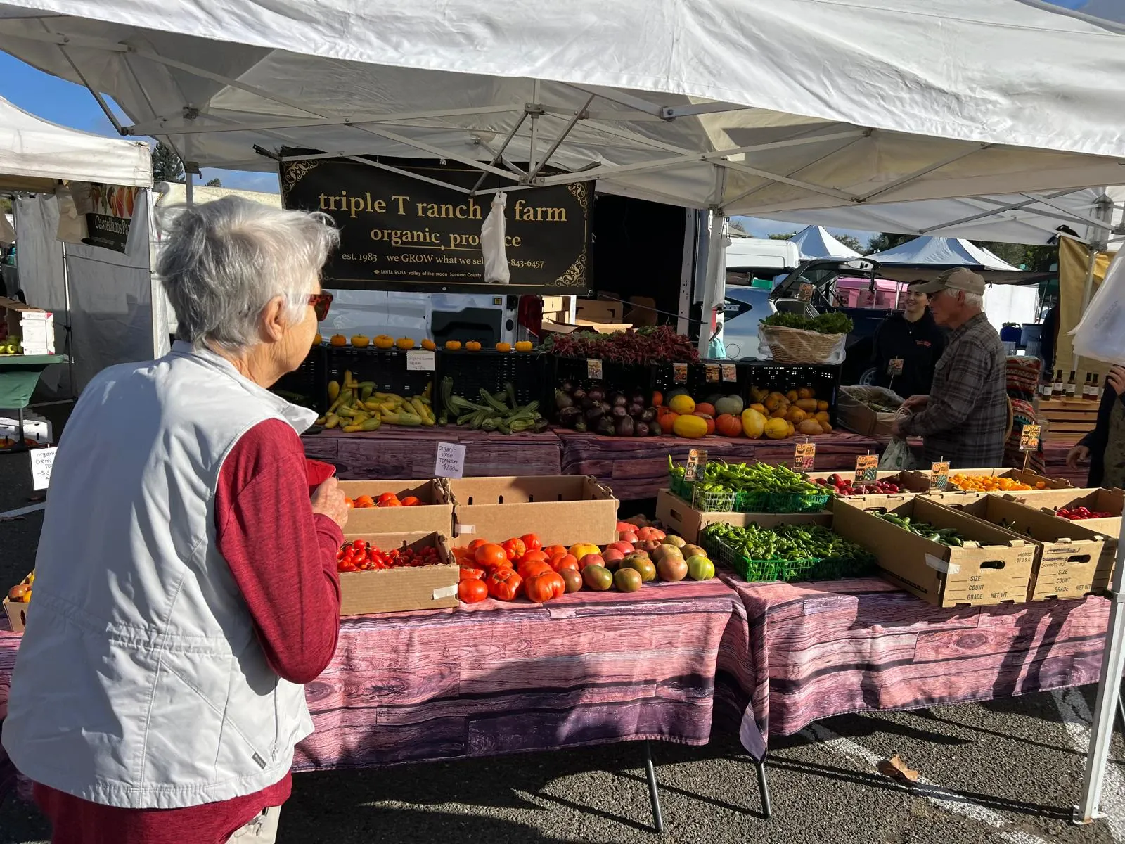 The Triple T Ranch and Farm stand with tomatoes, peppers, eggplants and squash, and a customer looking at the table