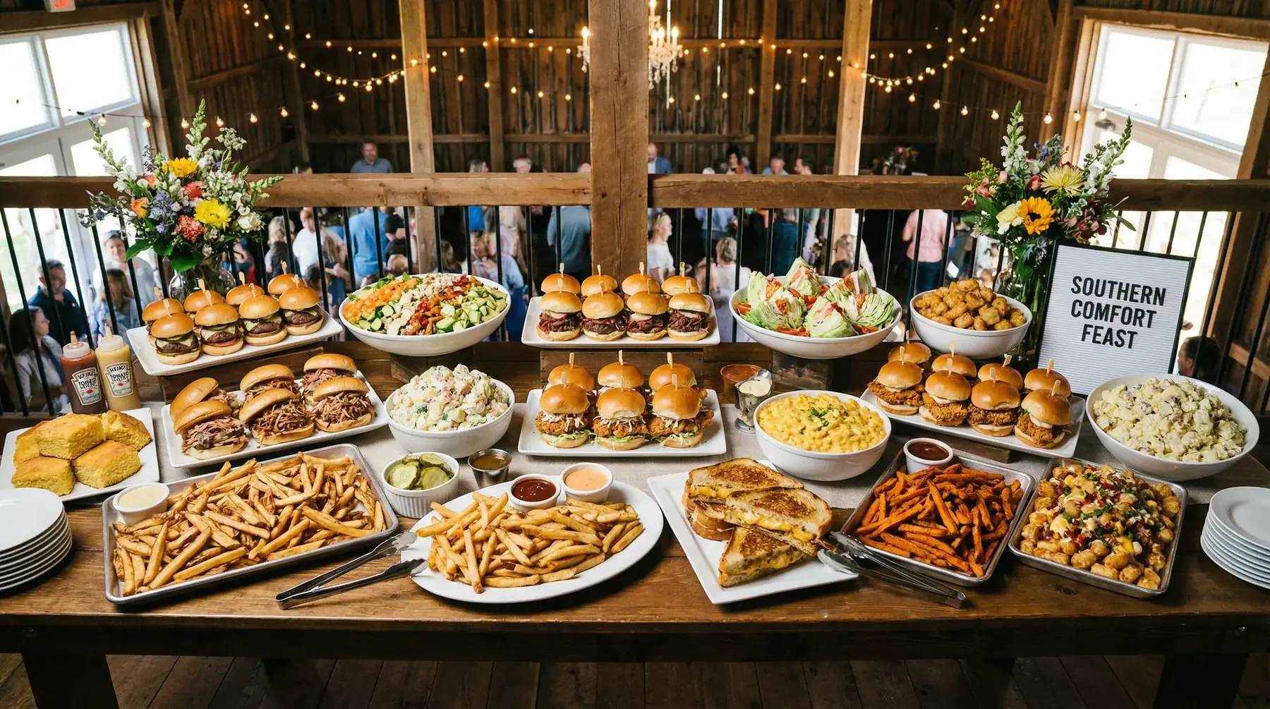 A large American comfort-food catering spread with sliders, sandwiches, fries and salads