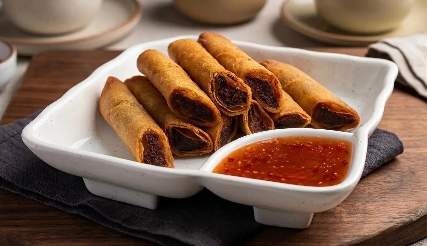 A platter of crisp Filipino lumpia with sweet chile dipping sauce
