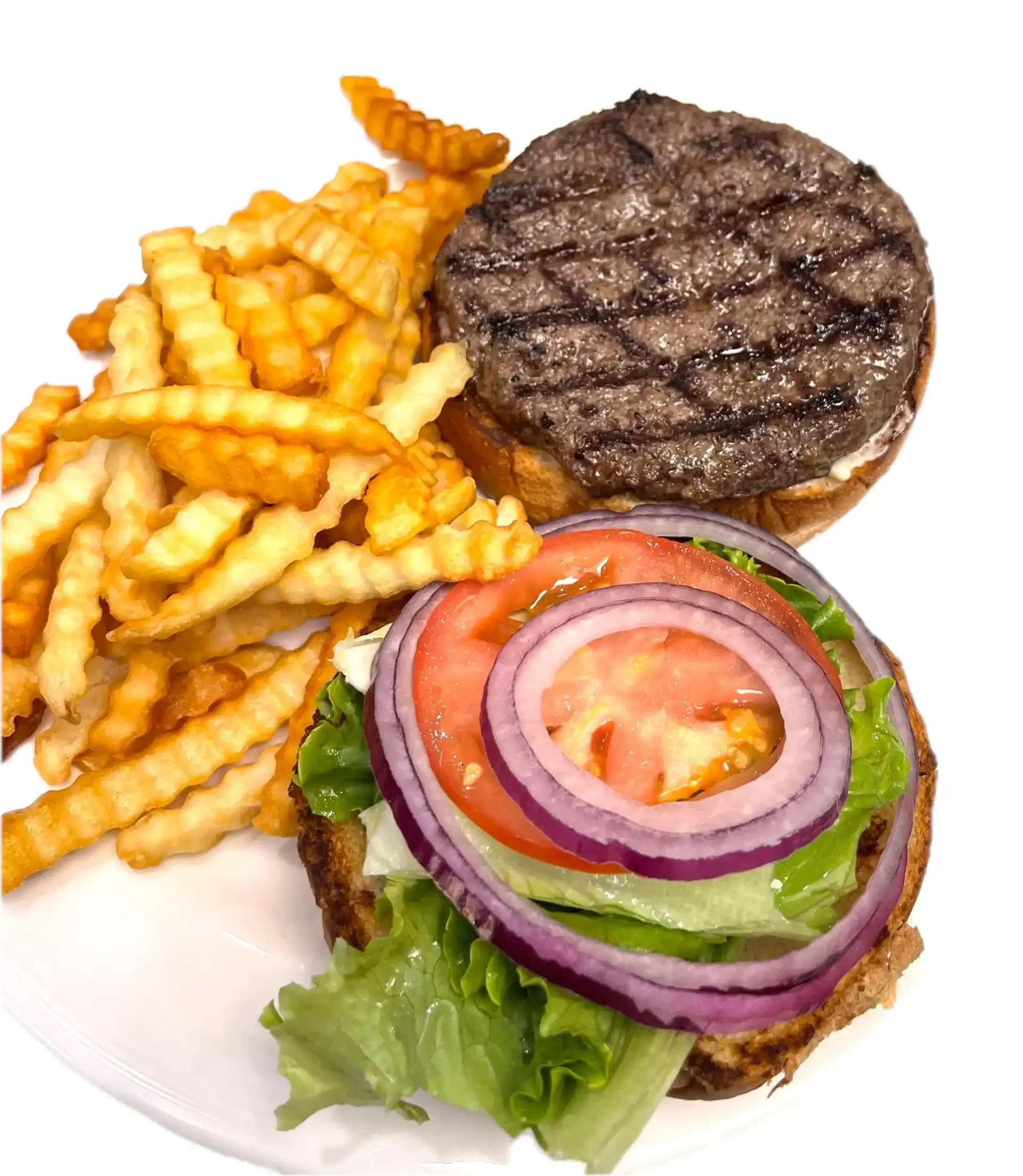 D’s Classic Burger with lettuce, tomato, onion and crinkle-cut fries
