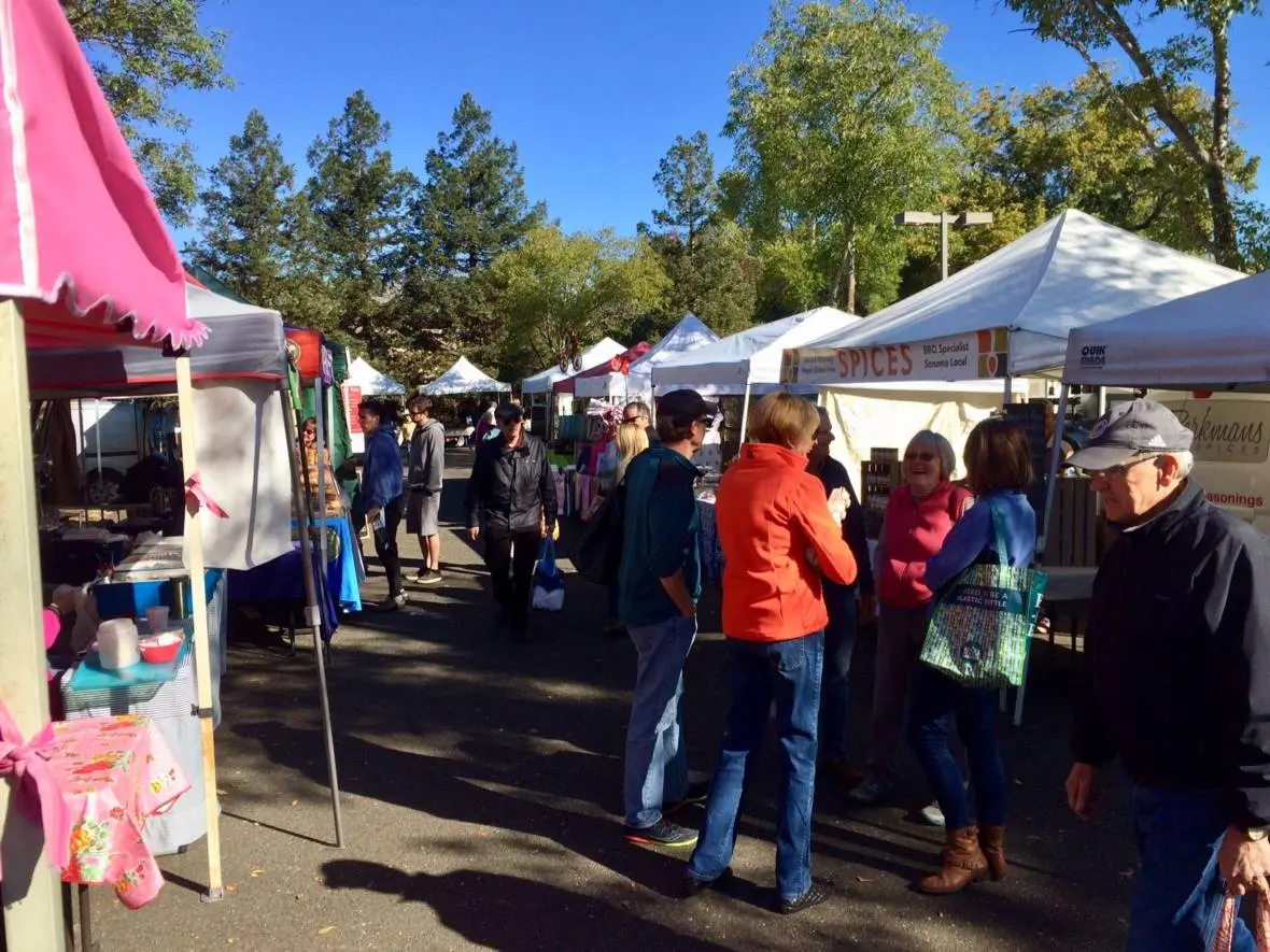 Shoppers and farm stands at the Santa Rosa Original Certified Farmers Market