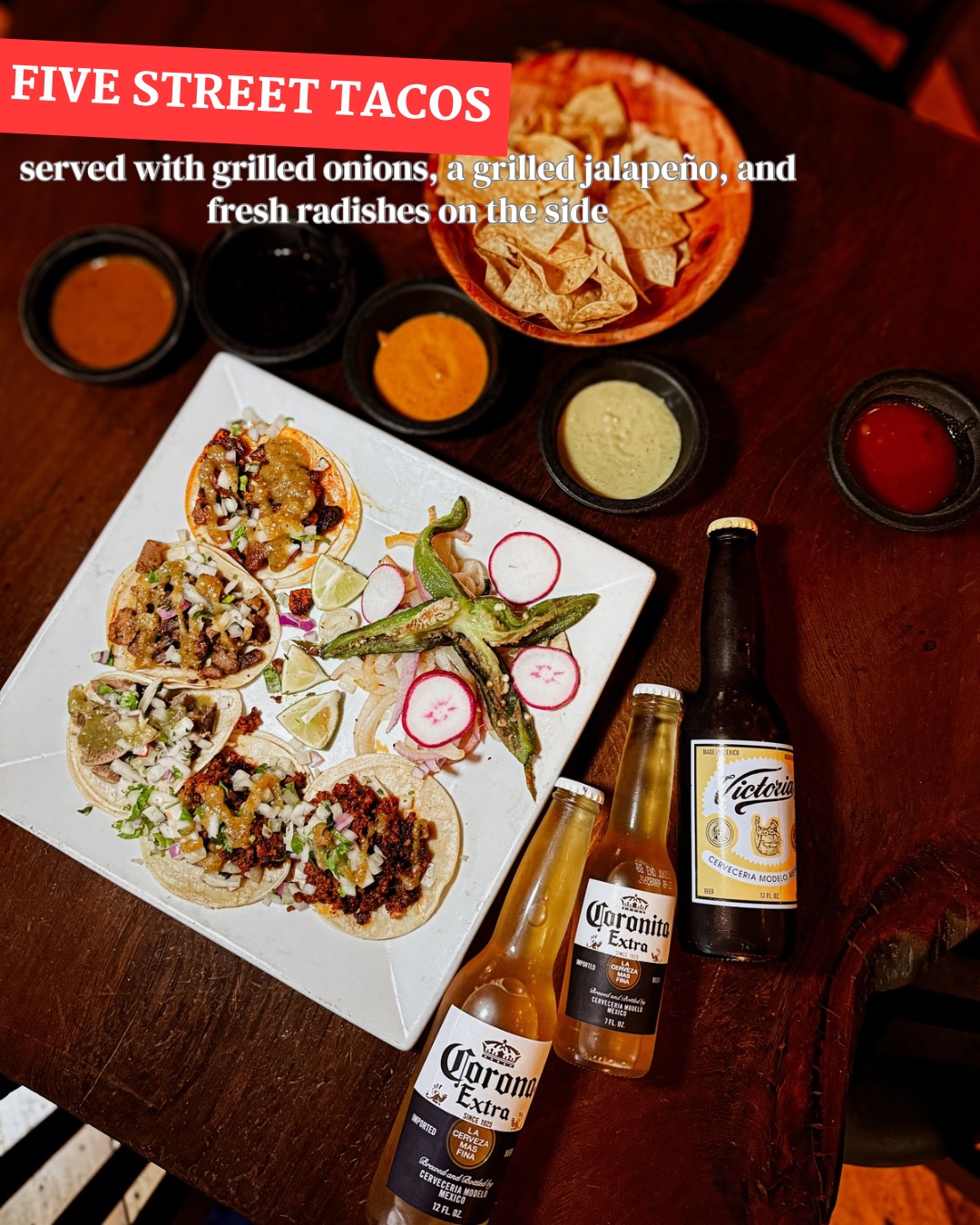 Mi Pueblo Five Street Tacos with salsas and bottled beer