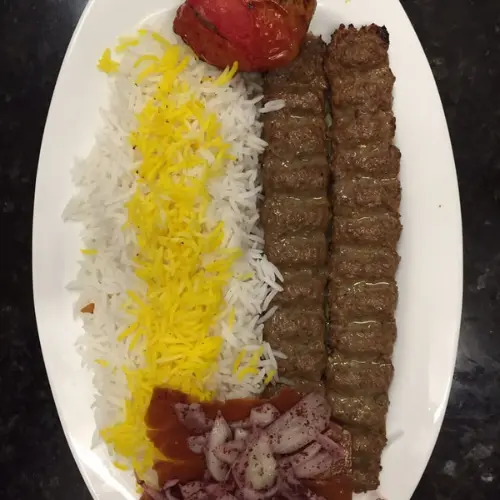 Persian koobideh kabob with saffron rice at Saffron Grill and Market